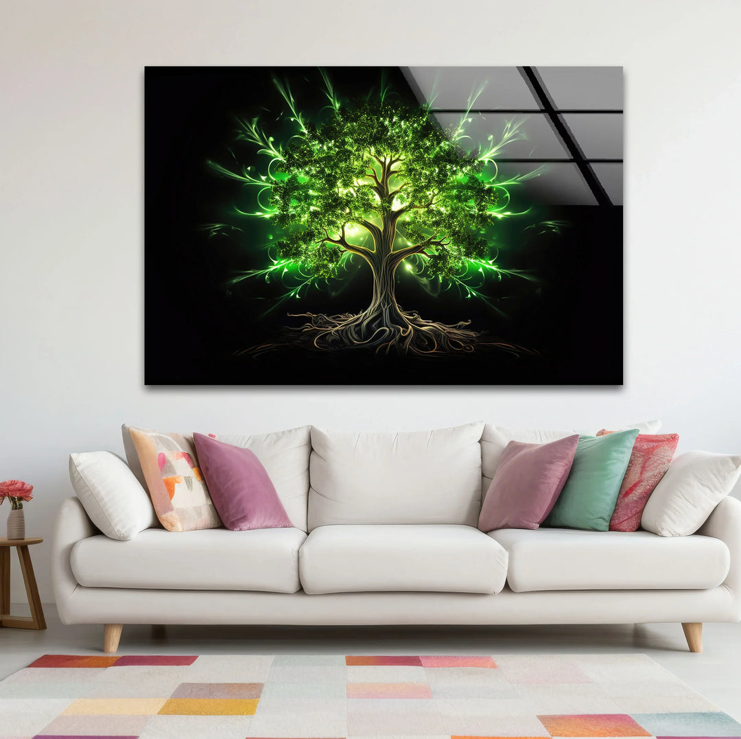 Enchanted Green Tree Wall Art – Glowing Nature-Inspired Glass Print with Dark Fantasy Vibes - MyPhotoStation