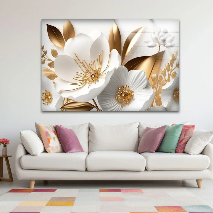 Elegant White and Gold Floral Wall Art – Luxury Botanical Glass Print for Sophisticated Decor - MyPhotoStation
