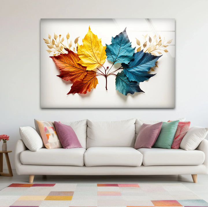 Colorful Autumn Leaves Wall Art – Modern Botanical Glass Print with Red, Yellow, and Blue Foliage - MyPhotoStation