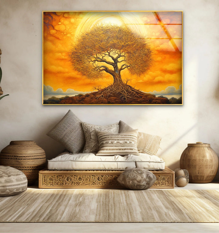Surreal Tree of Life Wall Art – Glowing Sunset Glass Print for Spiritual and Nature-Inspired Decor - MyPhotoStation