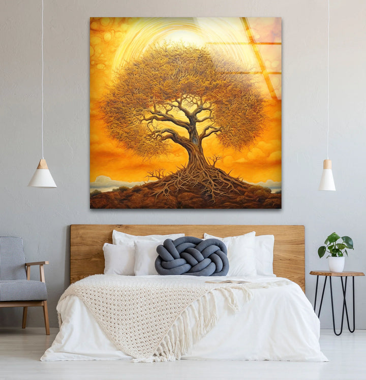 Surreal Tree of Life Wall Art – Glowing Sunset Glass Print for Spiritual and Nature-Inspired Decor - MyPhotoStation