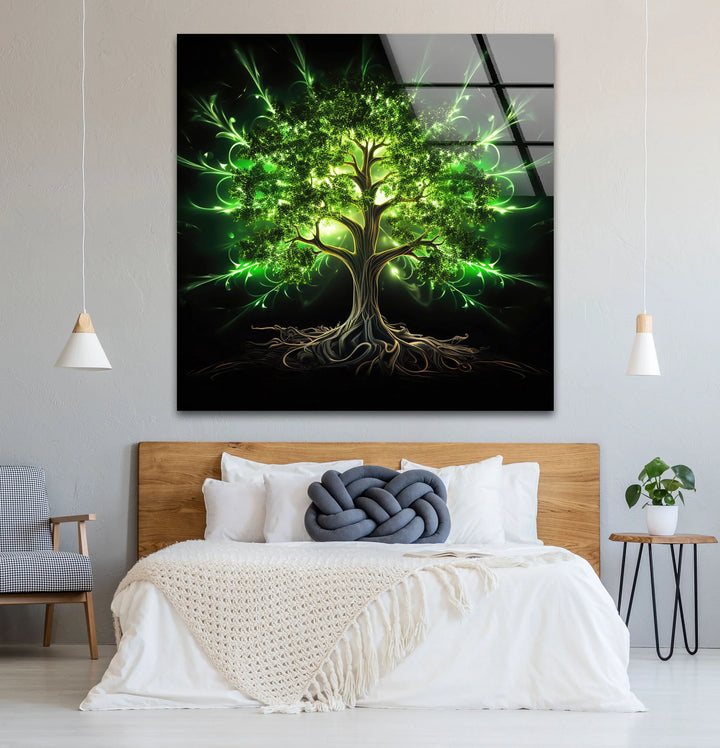Enchanted Green Tree Wall Art – Glowing Nature-Inspired Glass Print with Dark Fantasy Vibes - MyPhotoStation