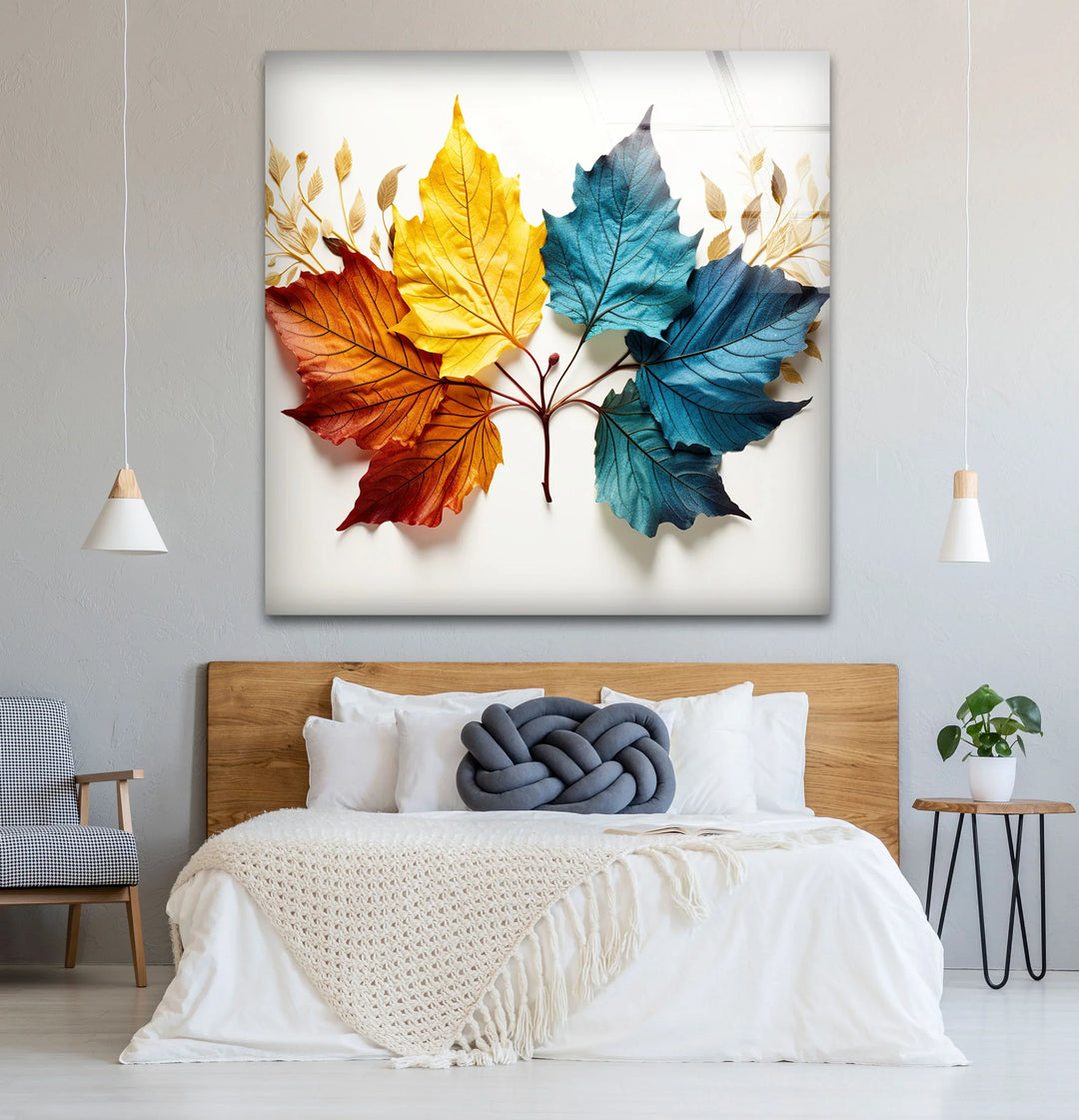 Colorful Autumn Leaves Wall Art – Modern Botanical Glass Print with Red, Yellow, and Blue Foliage - MyPhotoStation