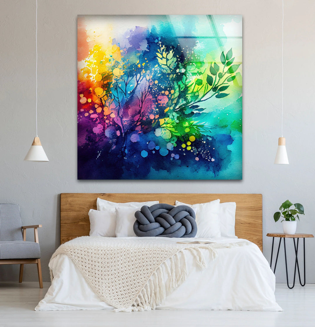 Vibrant Botanical Splash Wall Art – Colorful Nature-Inspired Glass Print for Creative Spaces - MyPhotoStation