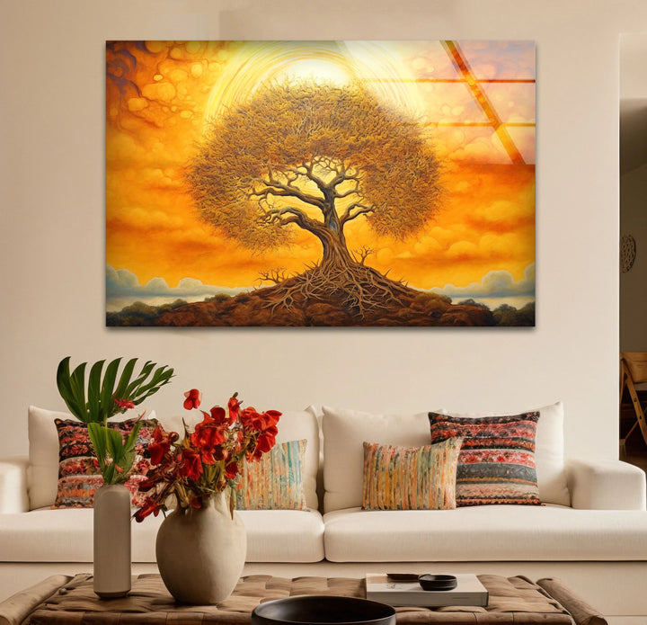 Surreal Tree of Life Wall Art – Glowing Sunset Glass Print for Spiritual and Nature-Inspired Decor - MyPhotoStation
