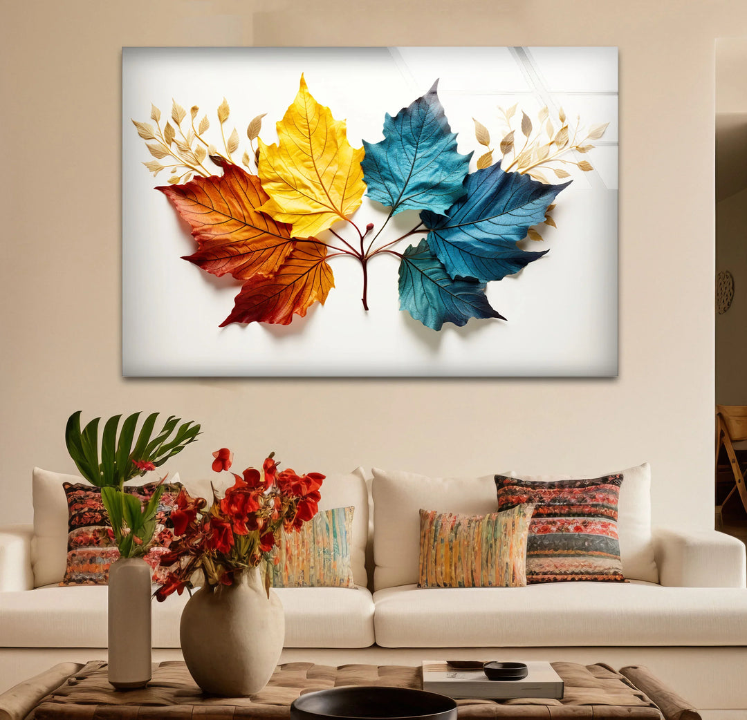 Colorful Autumn Leaves Wall Art – Modern Botanical Glass Print with Red, Yellow, and Blue Foliage - MyPhotoStation