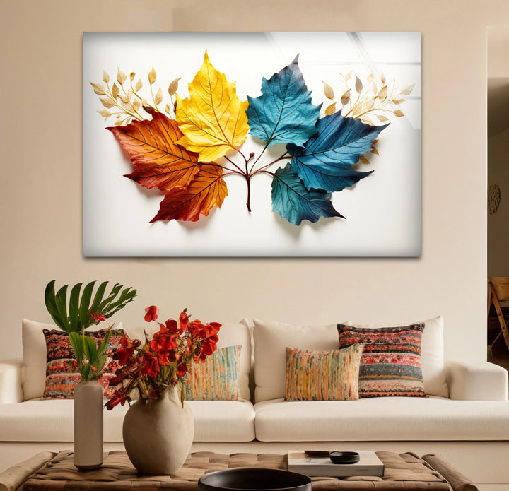 Colorful Autumn Leaves Wall Art – Modern Botanical Glass Print with Red, Yellow, and Blue Foliage - MyPhotoStation