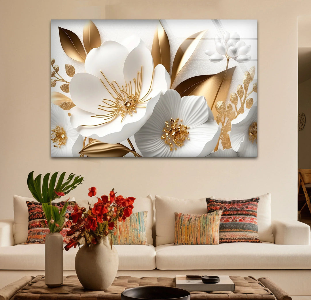 Elegant White and Gold Floral Wall Art – Luxury Botanical Glass Print for Sophisticated Decor - MyPhotoStation