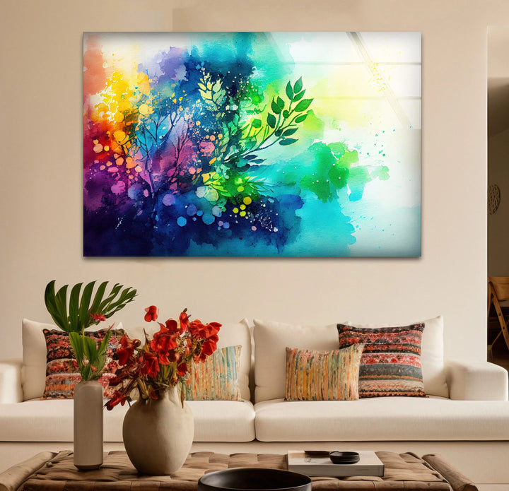 Vibrant Botanical Splash Wall Art – Colorful Nature-Inspired Glass Print for Creative Spaces - MyPhotoStation