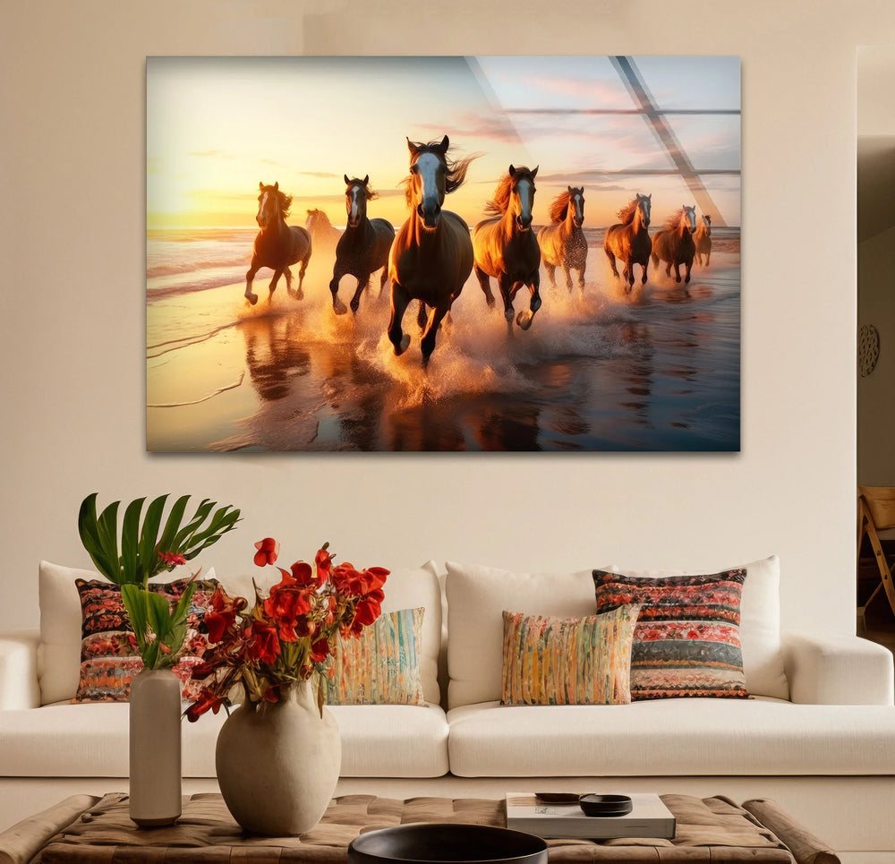 Running Horses Beach Wall Art – Sunset Coastal Glass Print for Dynamic Nature Decor - MyPhotoStation