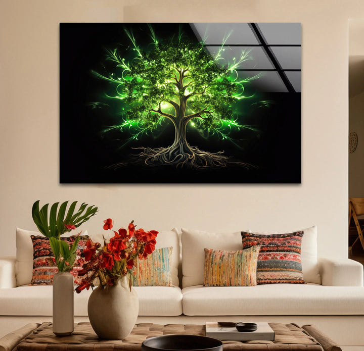 Enchanted Green Tree Wall Art – Glowing Nature-Inspired Glass Print with Dark Fantasy Vibes - MyPhotoStation