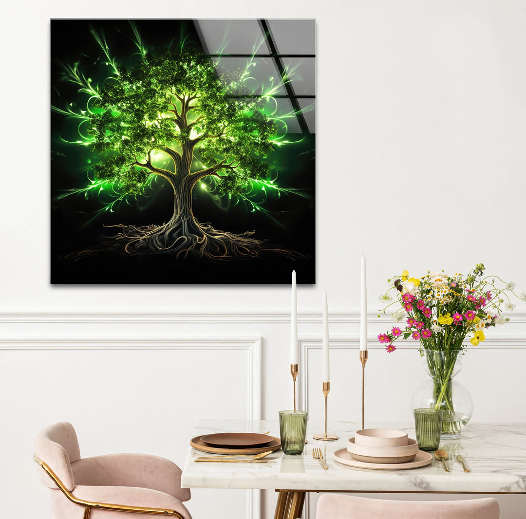 Enchanted Green Tree Wall Art – Glowing Nature-Inspired Glass Print with Dark Fantasy Vibes - MyPhotoStation