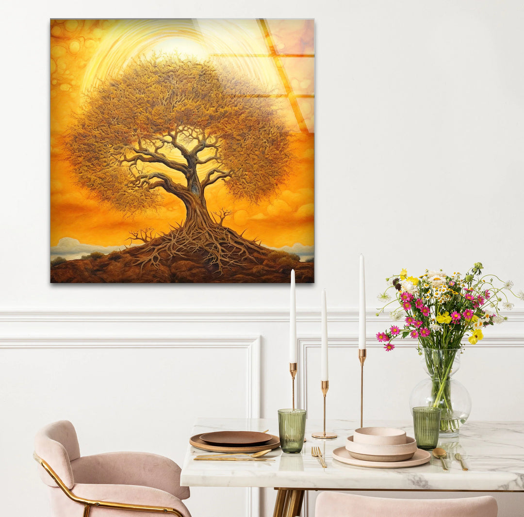 Surreal Tree of Life Wall Art – Glowing Sunset Glass Print for Spiritual and Nature-Inspired Decor - MyPhotoStation