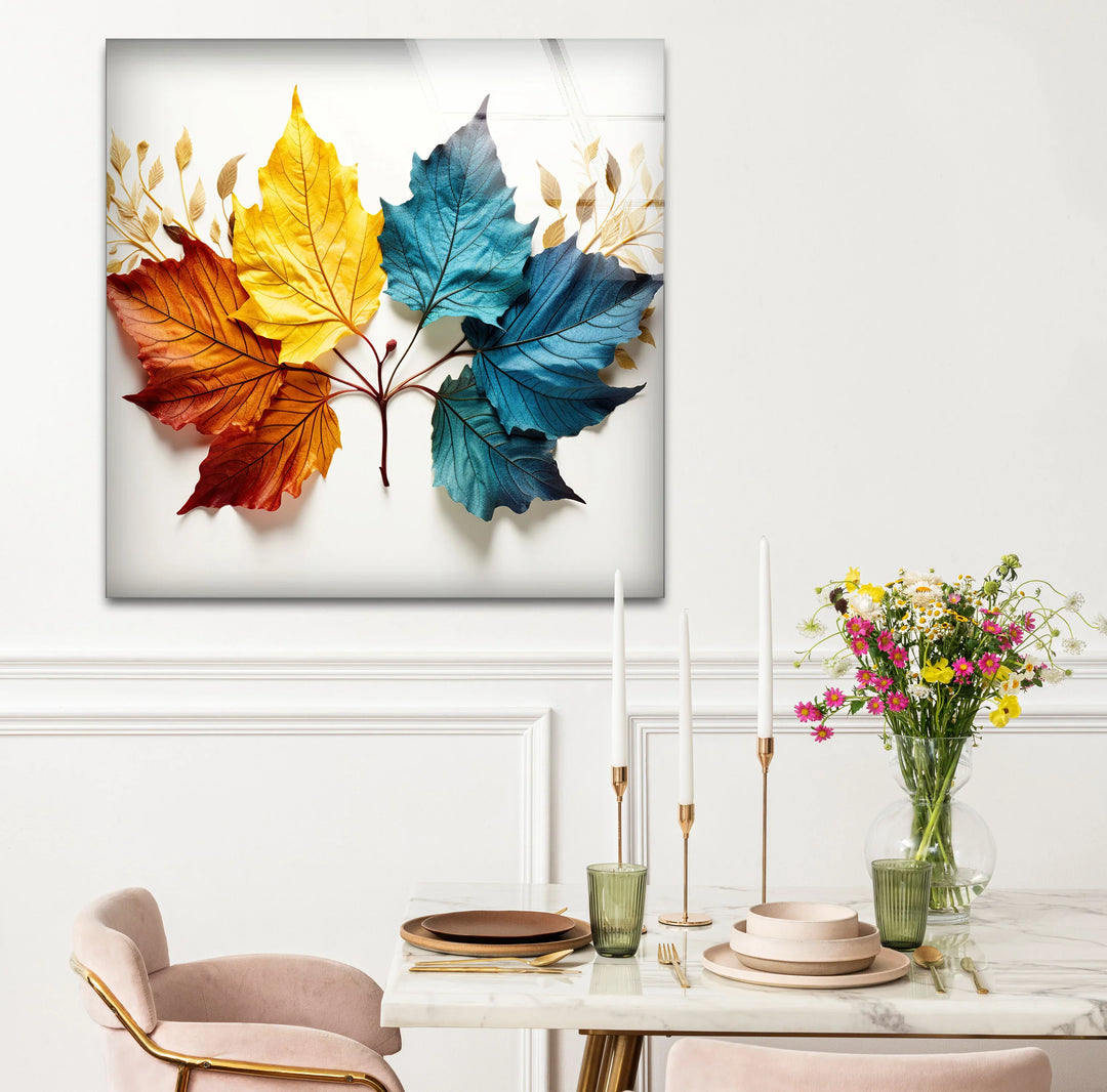 Colorful Autumn Leaves Wall Art – Modern Botanical Glass Print with Red, Yellow, and Blue Foliage - MyPhotoStation