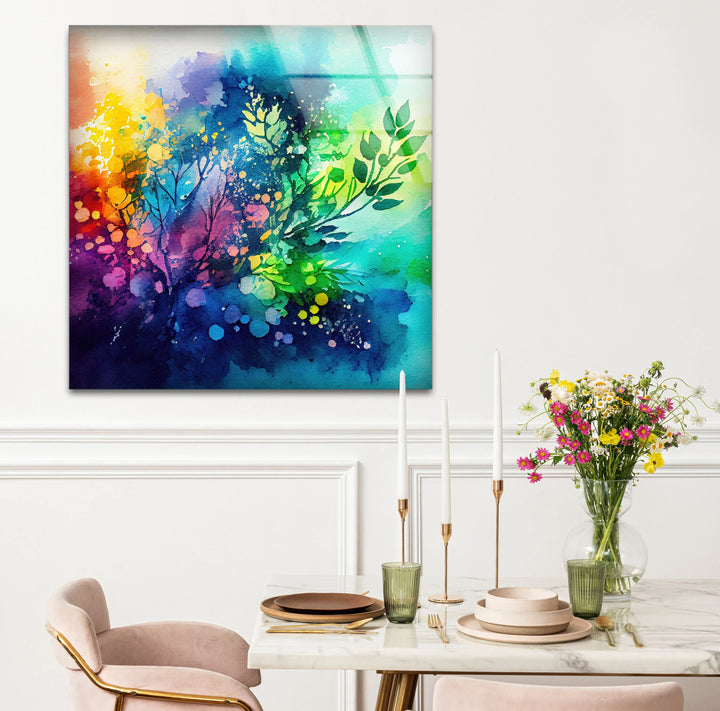 Vibrant Botanical Splash Wall Art – Colorful Nature-Inspired Glass Print for Creative Spaces - MyPhotoStation