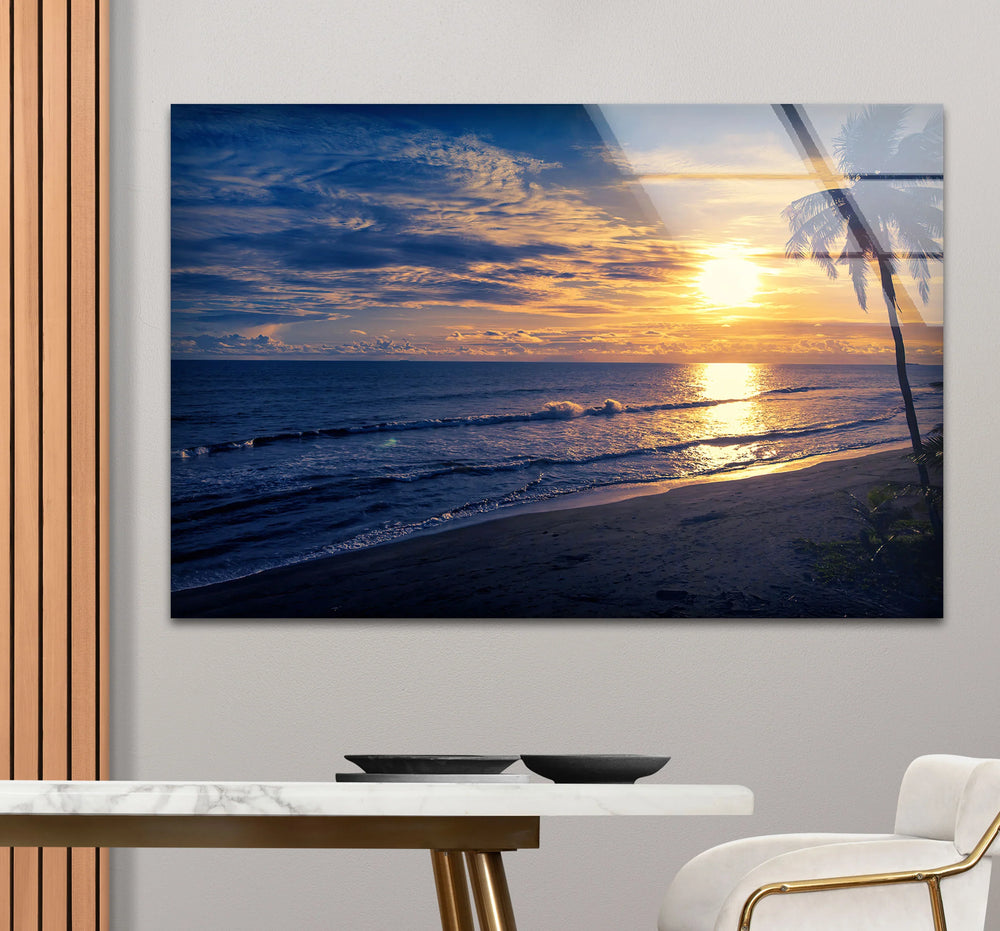 Golden Blue Beach Sunset Wall Art – Coastal Glass Print with Palm Silhouette - MyPhotoStation