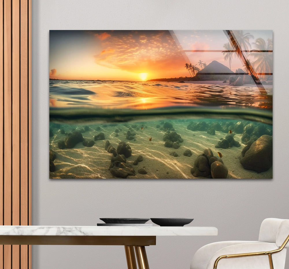 Volcanic Island Sunset Wall Art – Tropical Over Underwater Glass Print - MyPhotoStation