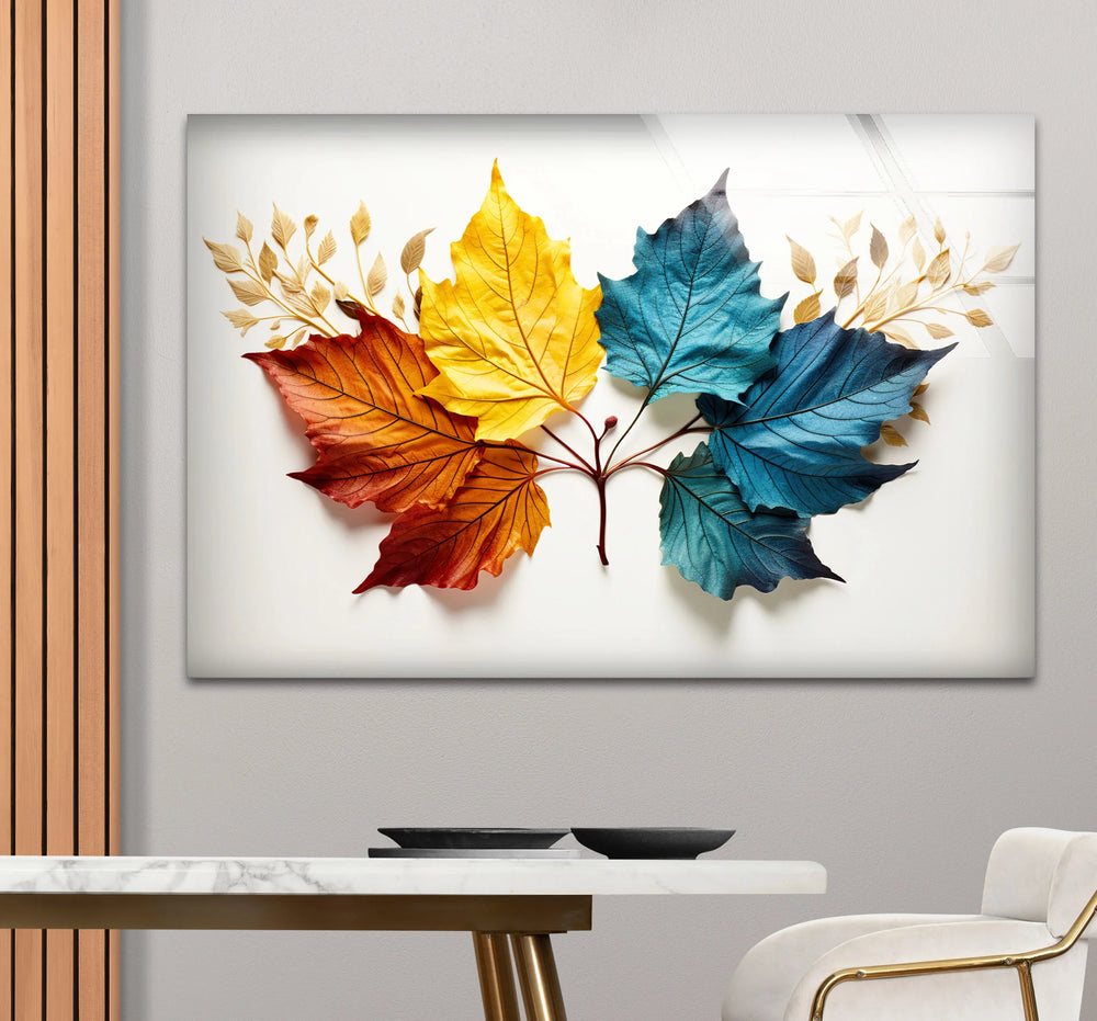 Colorful Autumn Leaves Wall Art – Modern Botanical Glass Print with Red, Yellow, and Blue Foliage - MyPhotoStation