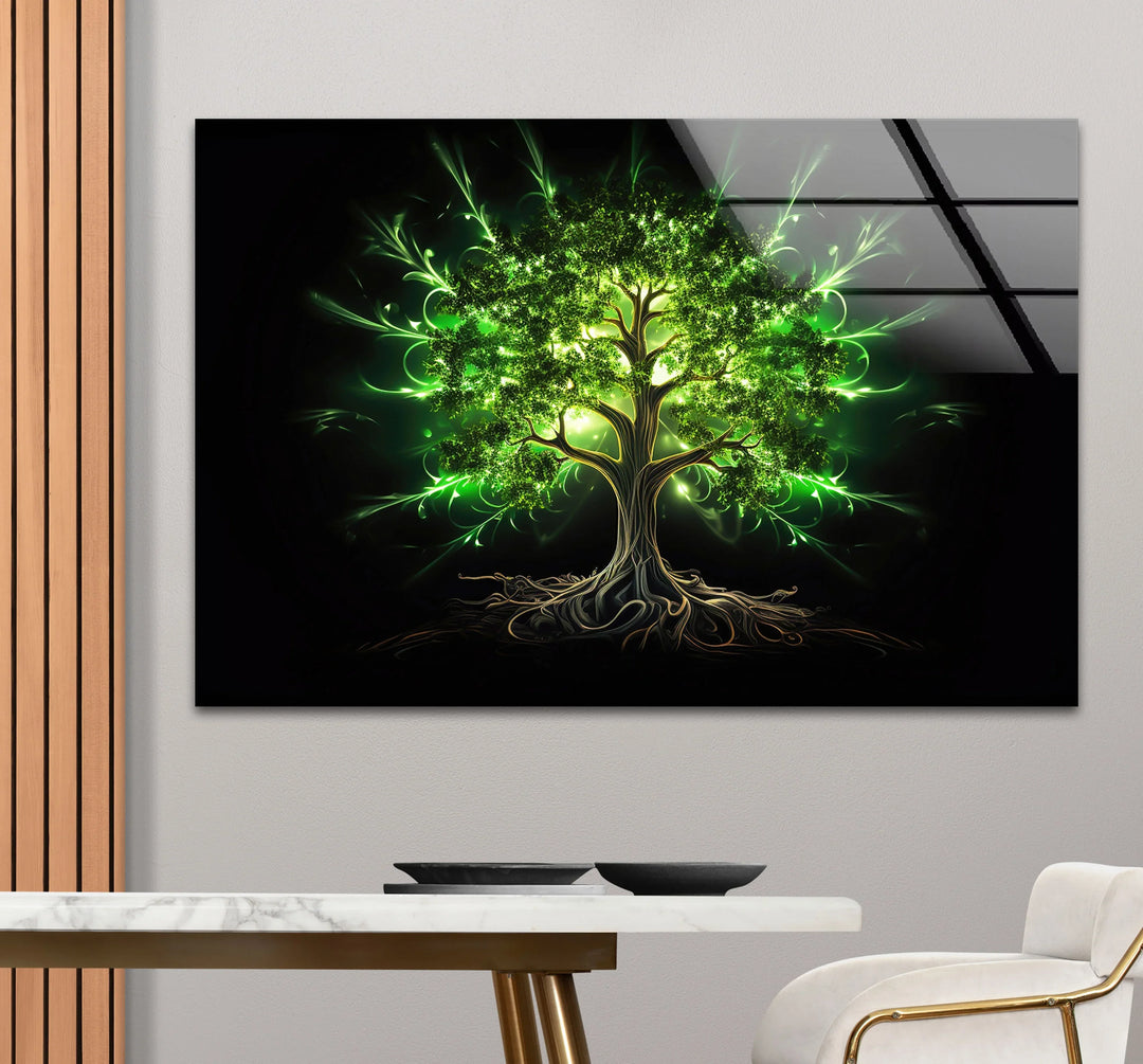 Enchanted Green Tree Wall Art – Glowing Nature-Inspired Glass Print with Dark Fantasy Vibes - MyPhotoStation