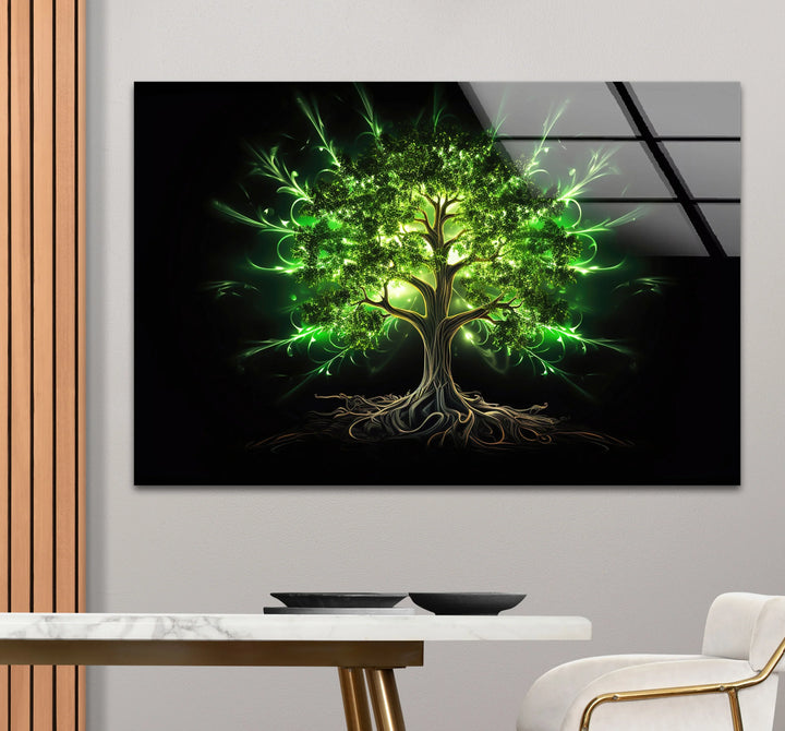 Enchanted Green Tree Wall Art – Glowing Nature-Inspired Glass Print with Dark Fantasy Vibes - MyPhotoStation