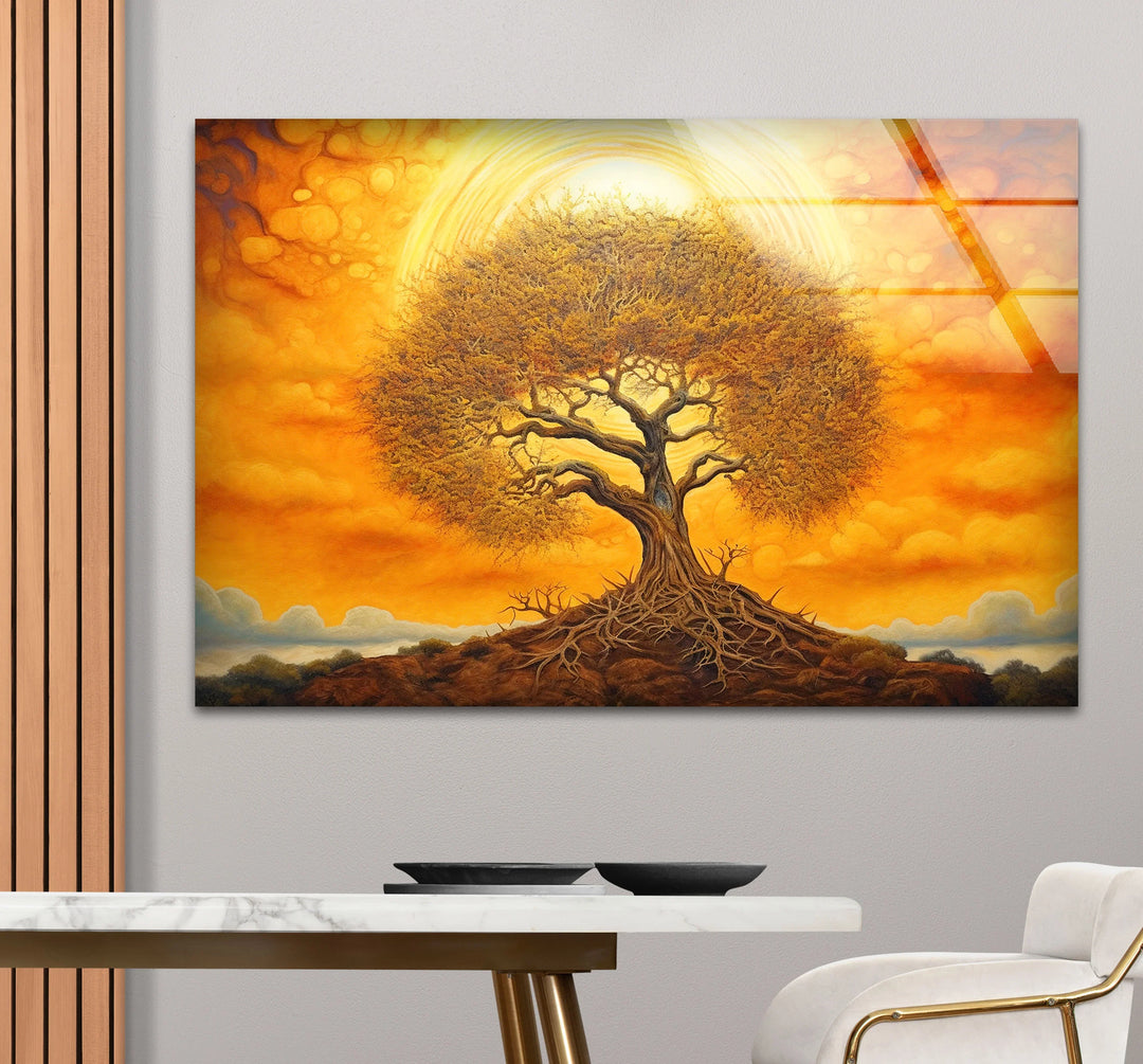 Surreal Tree of Life Wall Art – Glowing Sunset Glass Print for Spiritual and Nature-Inspired Decor - MyPhotoStation