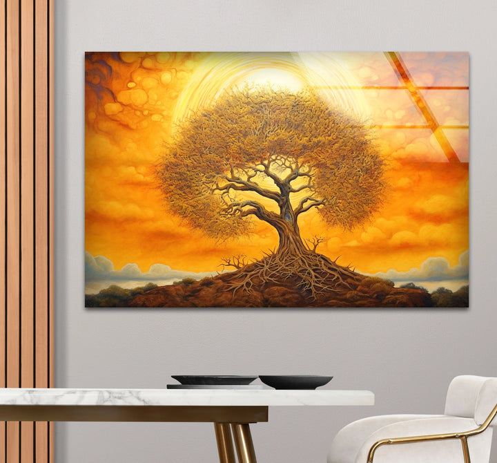 Surreal Tree of Life Wall Art – Glowing Sunset Glass Print for Spiritual and Nature-Inspired Decor - MyPhotoStation