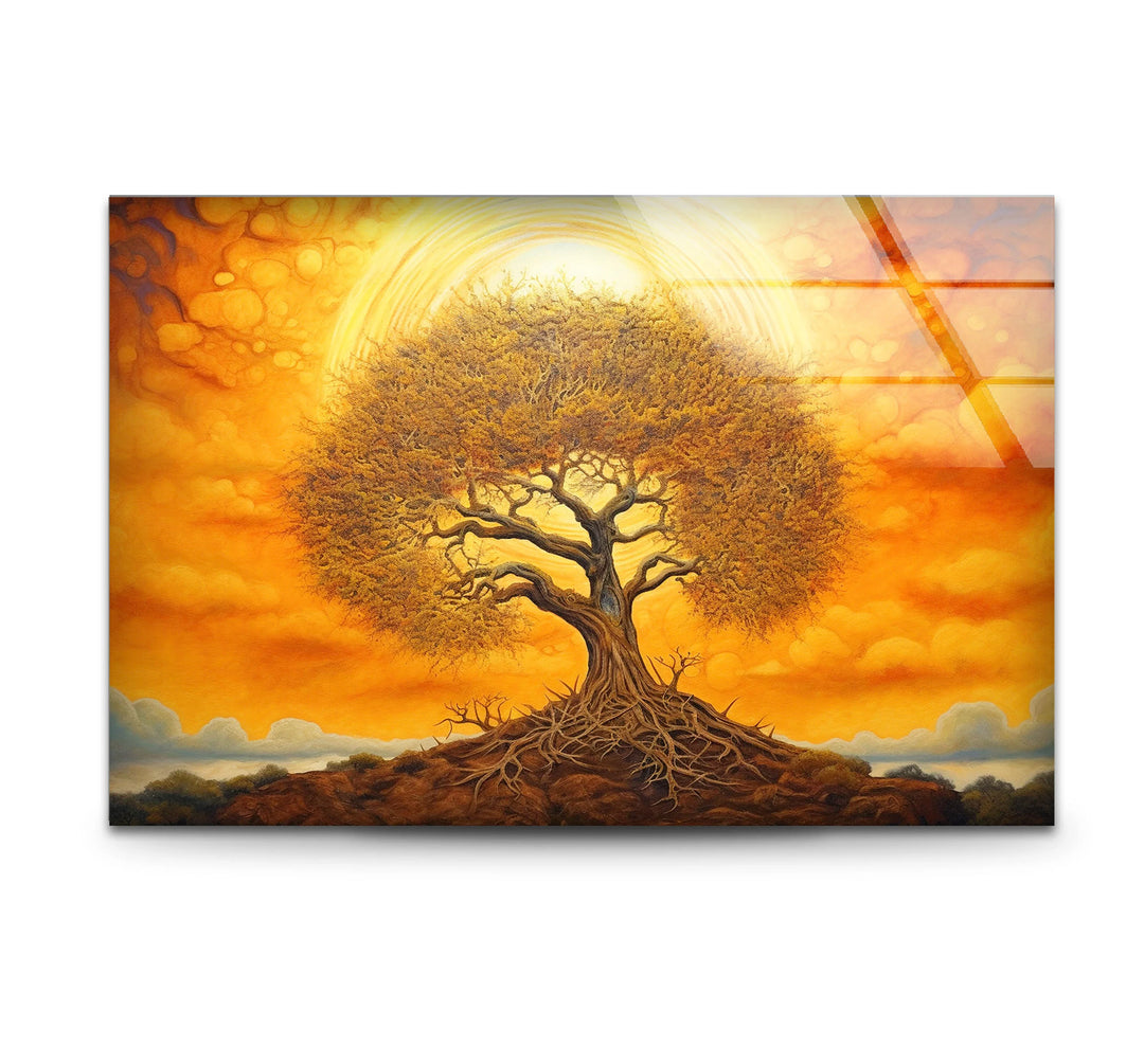 Surreal Tree of Life Wall Art – Glowing Sunset Glass Print for Spiritual and Nature-Inspired Decor - MyPhotoStation