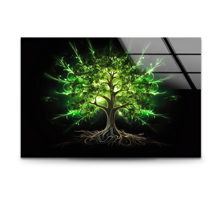 Enchanted Green Tree Wall Art – Glowing Nature-Inspired Glass Print with Dark Fantasy Vibes - MyPhotoStation