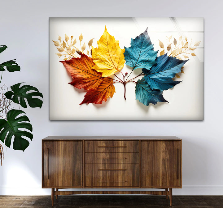 Colorful Autumn Leaves Wall Art – Modern Botanical Glass Print with Red, Yellow, and Blue Foliage - MyPhotoStation