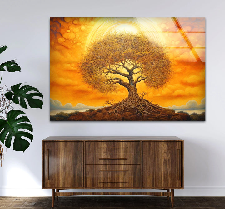 Surreal Tree of Life Wall Art – Glowing Sunset Glass Print for Spiritual and Nature-Inspired Decor - MyPhotoStation