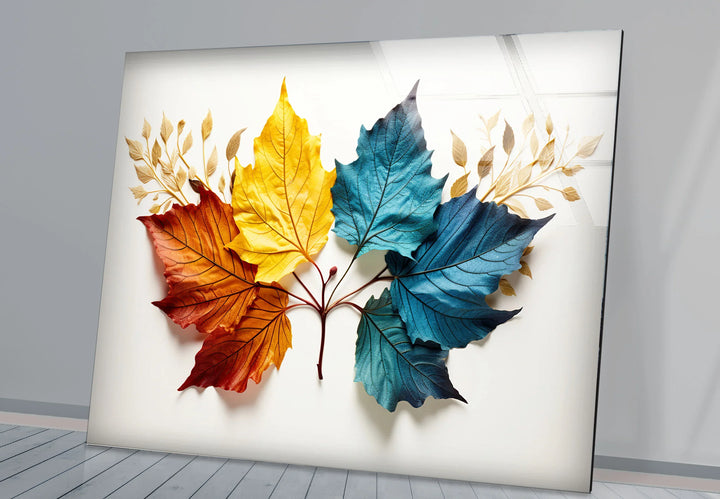 Colorful Autumn Leaves Wall Art – Modern Botanical Glass Print with Red, Yellow, and Blue Foliage - MyPhotoStation