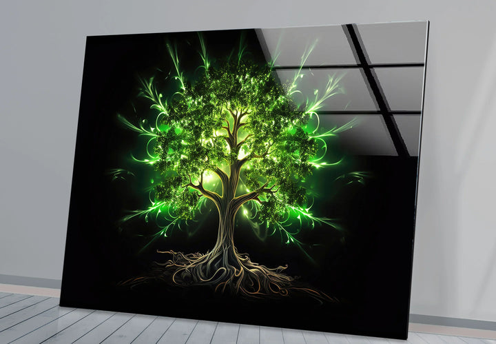 Enchanted Green Tree Wall Art – Glowing Nature-Inspired Glass Print with Dark Fantasy Vibes - MyPhotoStation