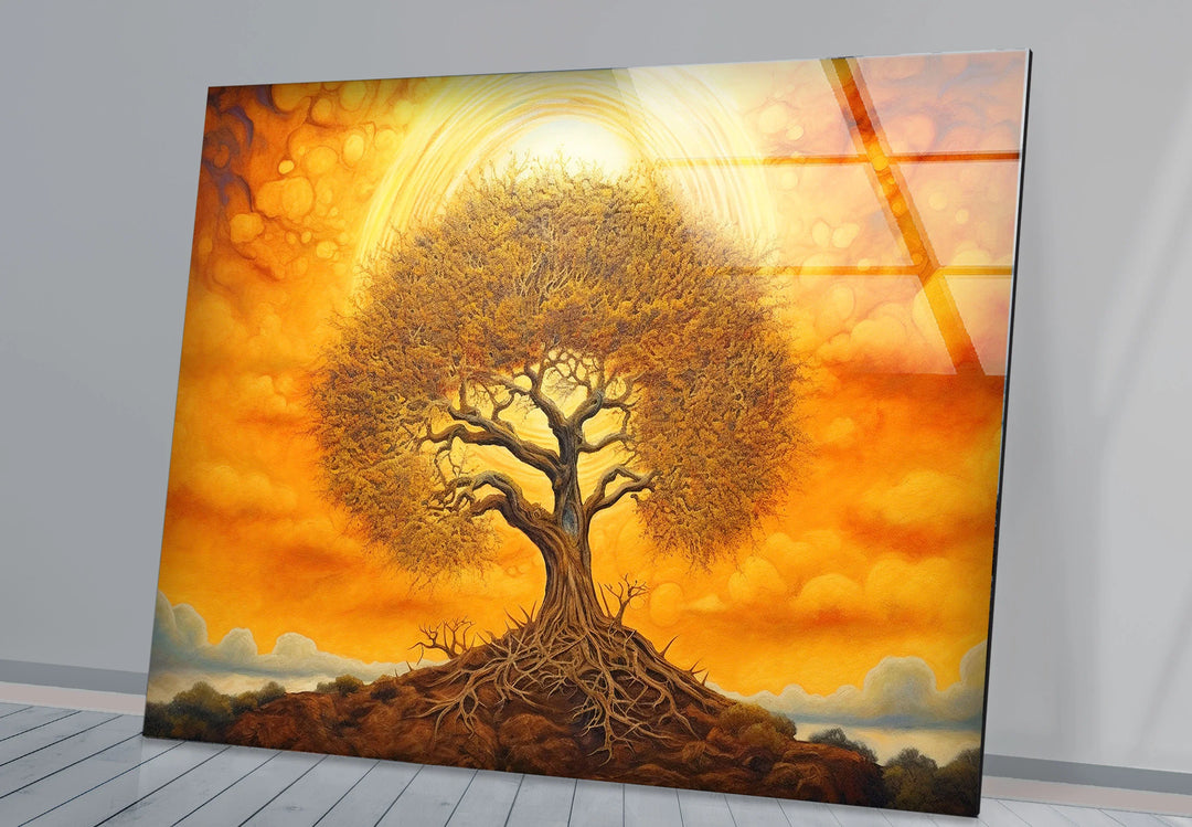 Surreal Tree of Life Wall Art – Glowing Sunset Glass Print for Spiritual and Nature-Inspired Decor - MyPhotoStation