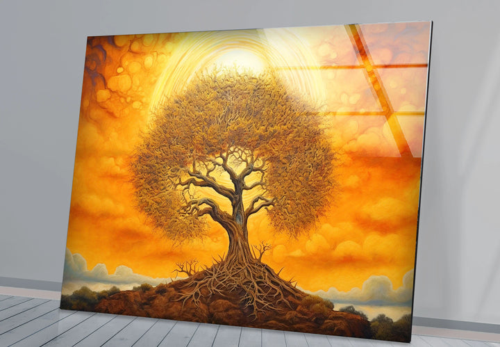 Surreal Tree of Life Wall Art – Glowing Sunset Glass Print for Spiritual and Nature-Inspired Decor - MyPhotoStation
