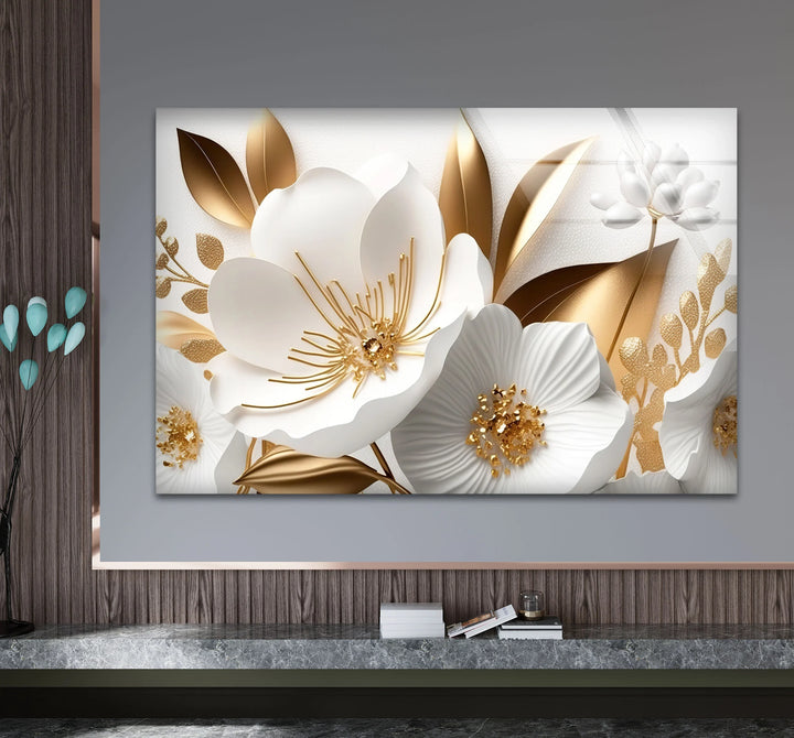 Elegant White and Gold Floral Wall Art – Luxury Botanical Glass Print for Sophisticated Decor - MyPhotoStation