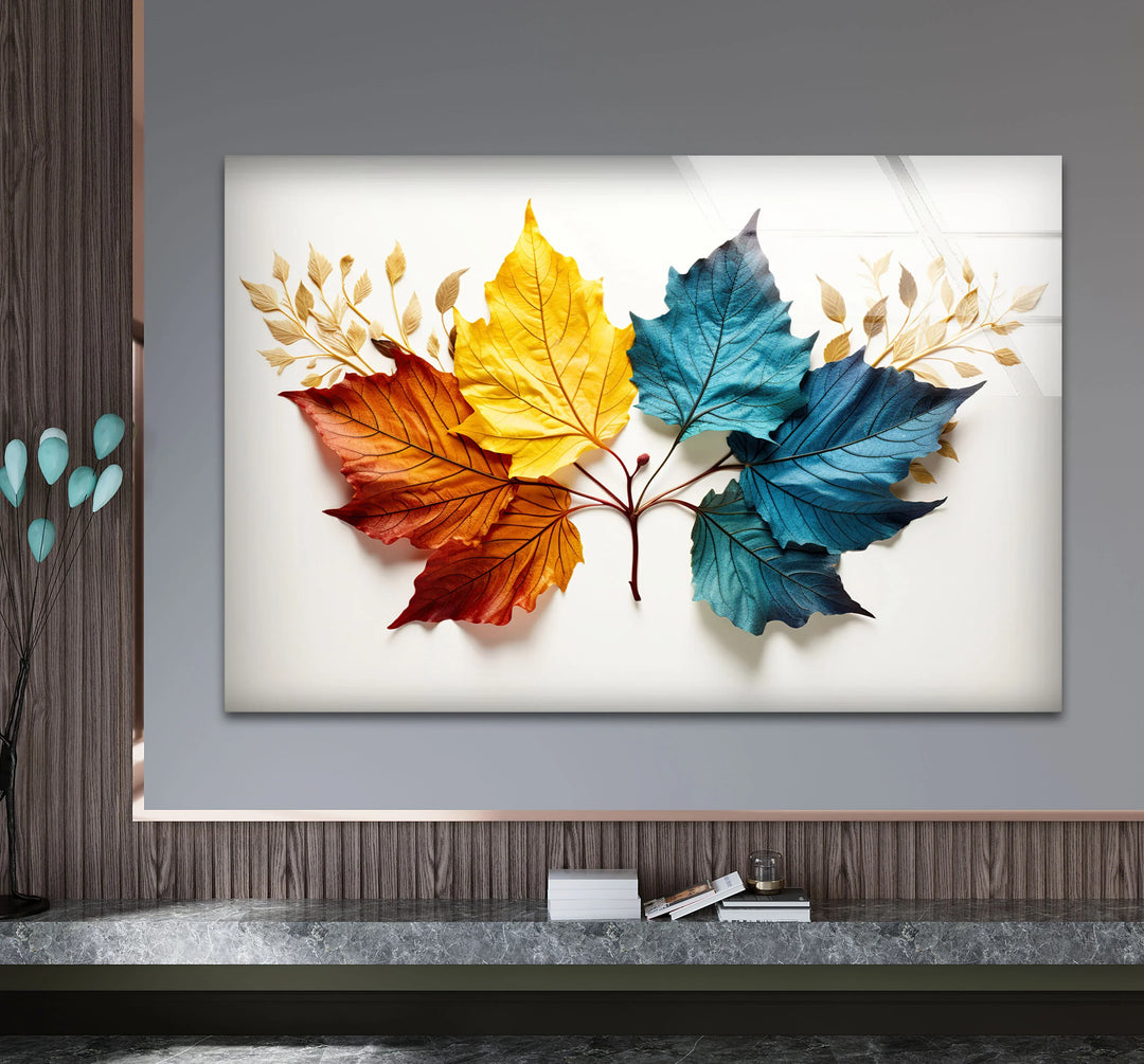 Colorful Autumn Leaves Wall Art – Modern Botanical Glass Print with Red, Yellow, and Blue Foliage - MyPhotoStation