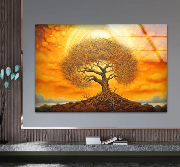 Surreal Tree of Life Wall Art – Glowing Sunset Glass Print for Spiritual and Nature-Inspired Decor - MyPhotoStation