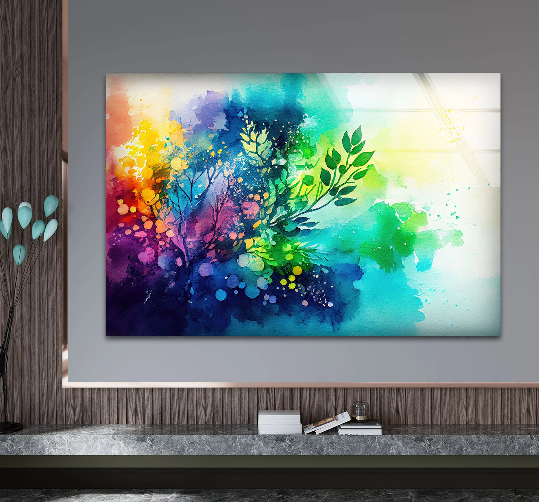 Vibrant Botanical Splash Wall Art – Colorful Nature-Inspired Glass Print for Creative Spaces - MyPhotoStation