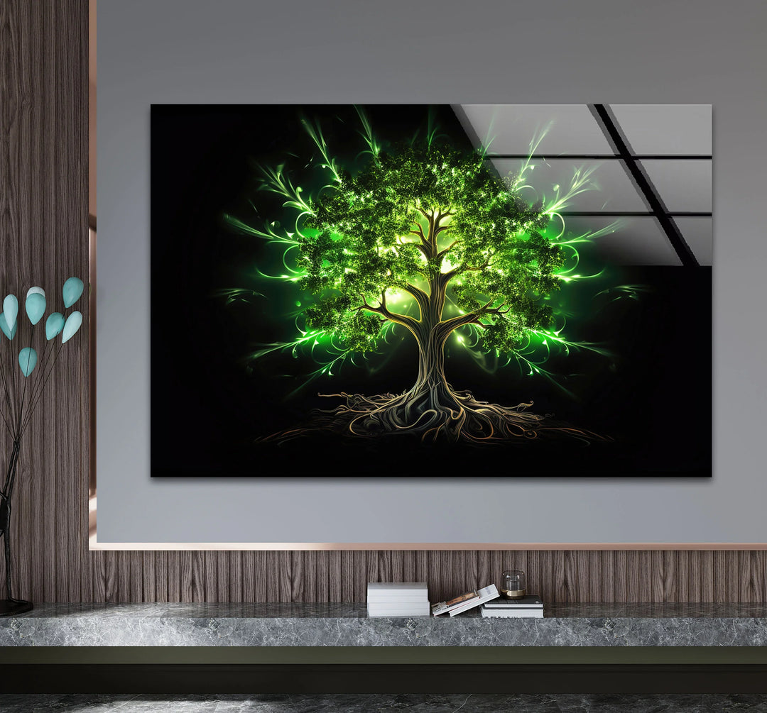 Enchanted Green Tree Wall Art – Glowing Nature-Inspired Glass Print with Dark Fantasy Vibes - MyPhotoStation