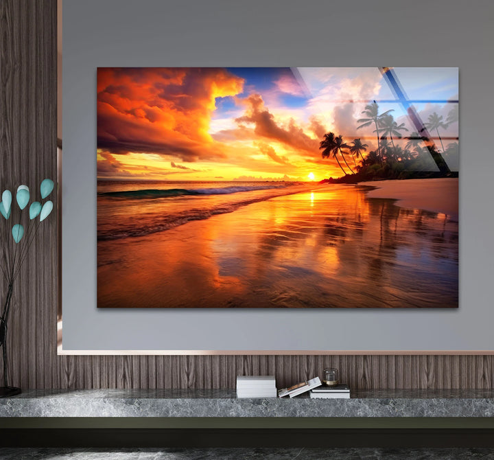 Fiery Tropical Sunset Wall Art – Vibrant Beach Reflection Glass Print for Bold Interiors - MyPhotoStation