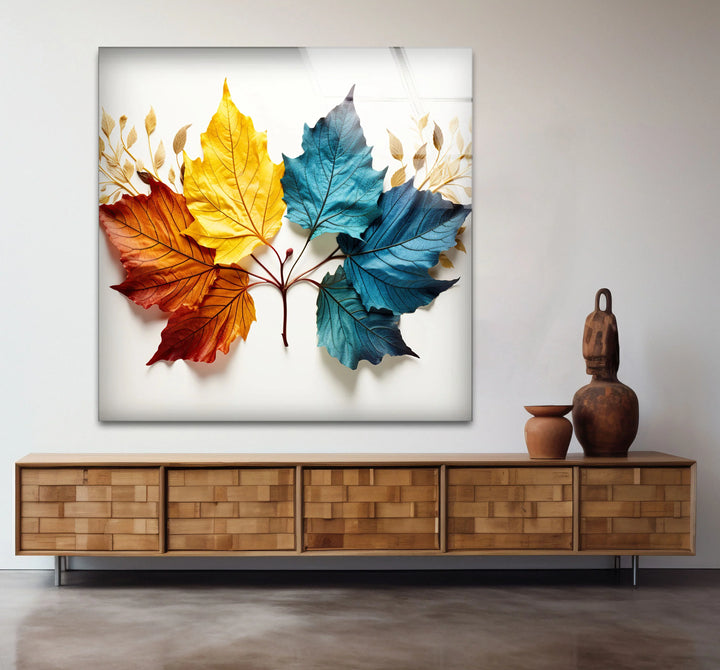 Colorful Autumn Leaves Wall Art – Modern Botanical Glass Print with Red, Yellow, and Blue Foliage - MyPhotoStation