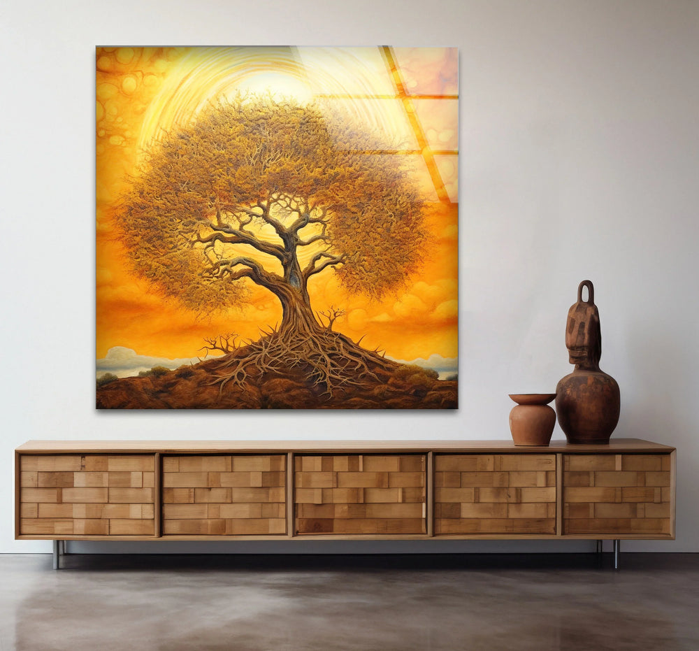 Surreal Tree of Life Wall Art – Glowing Sunset Glass Print for Spiritual and Nature-Inspired Decor - MyPhotoStation