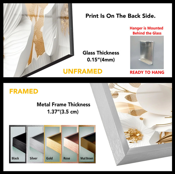 Elegant White and Gold Floral Wall Art – Luxury Botanical Glass Print for Sophisticated Decor - MyPhotoStation