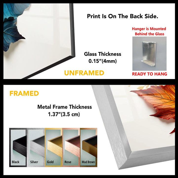 Colorful Autumn Leaves Wall Art – Modern Botanical Glass Print with Red, Yellow, and Blue Foliage - MyPhotoStation