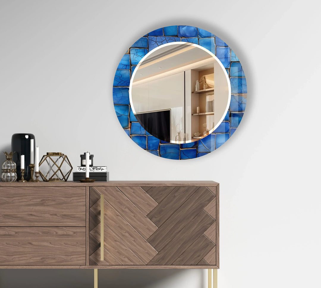 Blue Mosaic Round Wall Mirror – Coastal Glass Frame for Modern Home Decor - MyPhotoStation
