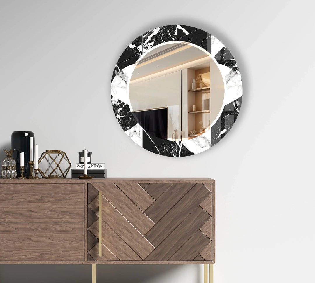 Black & White Marble Round Mirror – Elegant Modern Wall Accent - MyPhotoStation