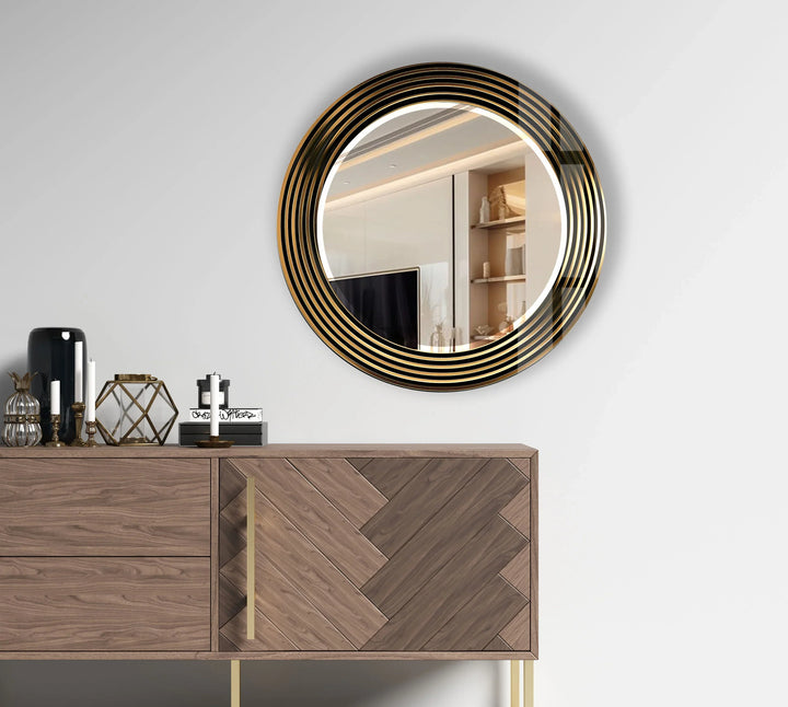Modern Round Wall Mirror with Gold Striped Frame – Elegant Glass Decor for Living Room - MyPhotoStation