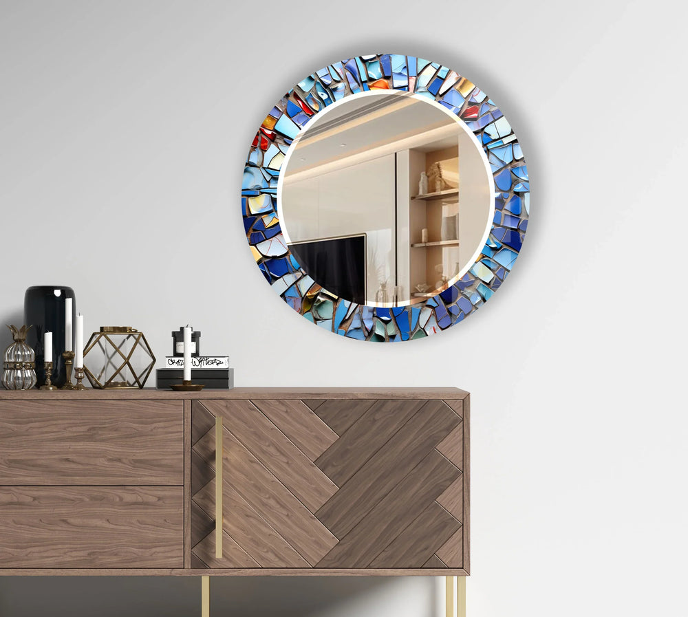 Blue Mosaic Round Mirror – Artistic Frame for Modern Wall Decor - MyPhotoStation