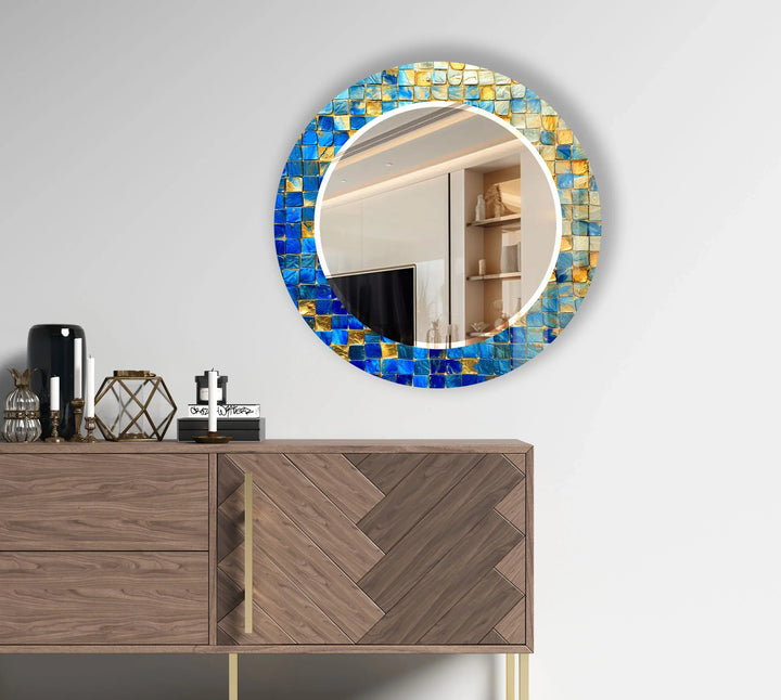 Blue & Gold Mosaic Round Mirror – Elegant Wall Accent for Homes - MyPhotoStation