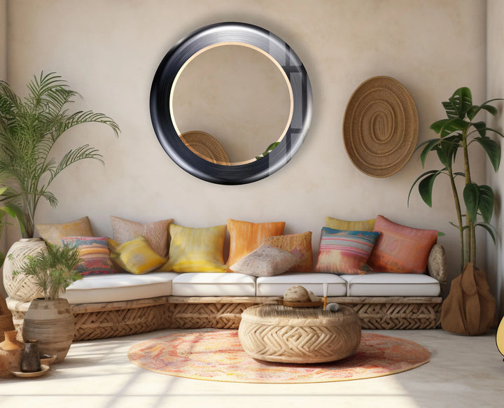 Modern Round Glass Wall Mirror – Sleek Black Frame, Minimalist Living Room Accent - MyPhotoStation